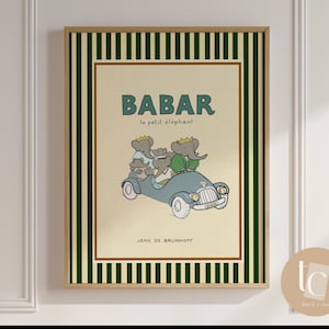Babar, el elefante en el coche con su familia, arte de pared para guardería, decoración infantil retro, arte de pared con cita, género neutro, arte de pared para bebé, ilustración, impresión para guardería