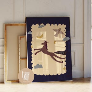 Whimsical horse hand-drawn nursery wall art, retro kids print, funny wall art nursery decor image 14