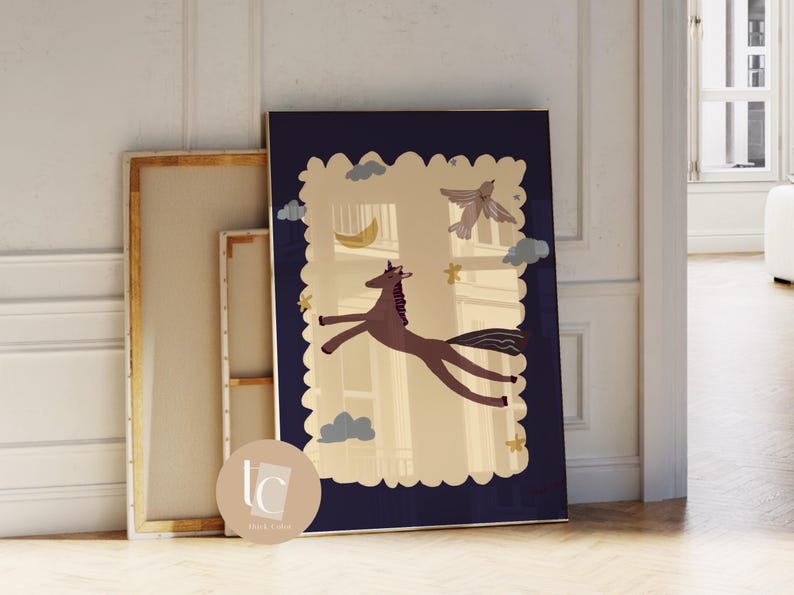 Whimsical horse hand-drawn nursery wall art, retro kids print, funny wall art nursery decor image 14