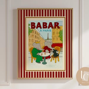 Babar o elefante em Paris café arte de parede retro crianças decoração citação arte de parede gênero neutro bebê arte de parede ilustração berçário impressão listras vermelhas