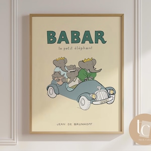 Babar mit seiner Familie Kinderzimmer Wand Kunst retro Kinder Dekor Zitat Wand Kunst Genre neutral Baby Wand Kunst Illustration Kinderzimmer Print