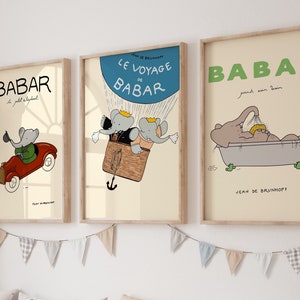 Arte de parede para berçário de elefante Babar, decoração retrô para crianças, citação, arte de parede, gênero neutro, arte de parede para bebê, ilustração, impressão de berçário