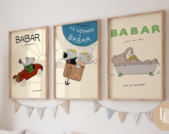 Babar the elephant nursery wall art retro kids decor quote wall art genre neutral baby wall art illustration nursery print