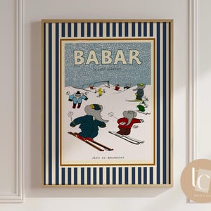 Babar the elephant ski in the snow nursery wall art retro kids decor quote wall art genre neutral baby wall art illustration nursery print