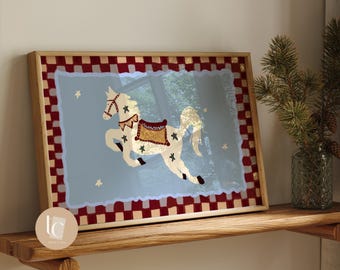 Whimsical Horse Nursery Art, Retro Kids Print, Hand-Drawn Wall Decor
