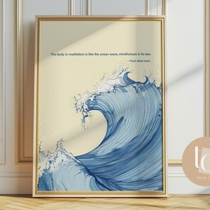 Thick nhat hanh blue line ocean waves print, uplifting quote wall art printable waves poster digital download sea waves ocean art