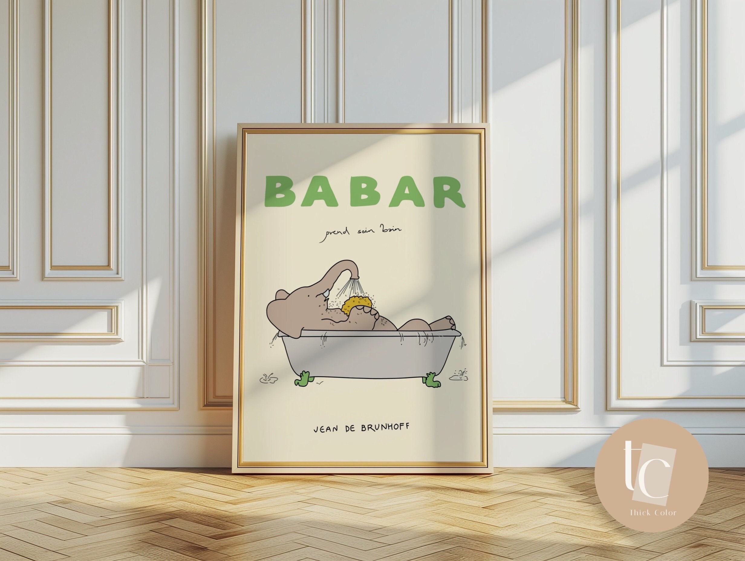 Babar the elephant prend le bain nursery wall art retro kids decor quote wall art genre neutral baby wall art illustration nursery print