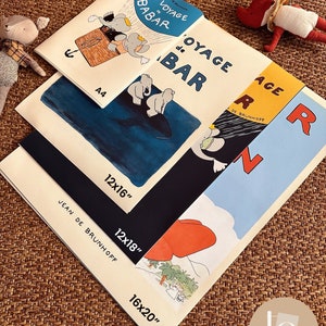 May include: A set of four prints featuring illustrations from the children's book "The Story of Babar." The prints are available in various sizes, including 12x16 inches, 12x18 inches, and 16x20 inches. The prints are printed on high-quality paper and are perfect for adding a touch of whimsy to any room.