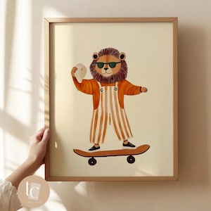 Arte de pared retro para guardería con diseño de león y oso patinando, decoración infantil divertida, descarga digital, estampado animal infantil