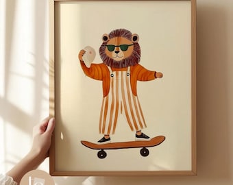 Lion Skateboarding Retro Bear Nursery Wall Art, Playful Children’s Decor, Nursery Wall Art, Digital Download, Whimsical Animal Print Kids
