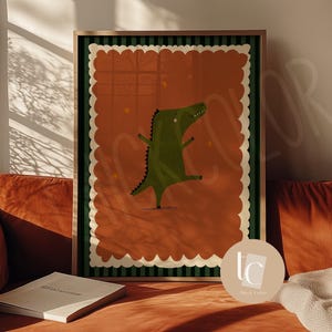 Lindo cocodrilo bailando entre las estrellas, arte de pared infantil, impresión divertida, género neutro, arte de pared para bebé, ilustración, impresión infantil, estrellas caprichosas