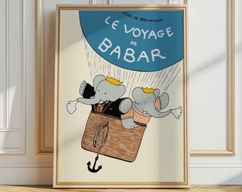 Babar the elephant le voyag de Babar nursery wall art retro kids decor quote wall art genre neutral baby wall art illustration nursery print