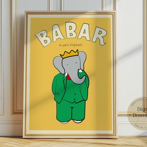 Babar the elephant hot air balloon  nursery wall art retro kids decor quote wall art genre neutral baby wall art illustration nursery print