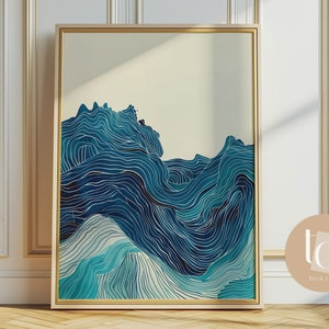 Sublime blue line ocean waves print, uplifting wall art printable waves poster digital download sea waves ocean art