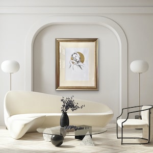 ORIGINAL charcoal drawing romantic face, illustration large art gold leaf 30x40