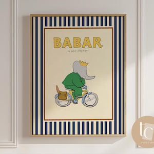 Babar the elephant baguette bicycle nursery wall art retro kids decor quote wall art genre neutral baby wall art illustration nursery print