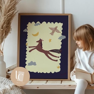 Whimsical horse hand-drawn nursery wall art, retro kids print, funny wall art nursery decor image 15