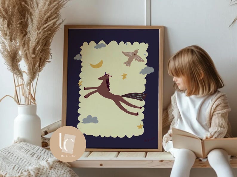 Whimsical horse hand-drawn nursery wall art, retro kids print, funny wall art nursery decor image 15