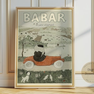 Babar the elephant hot air balloon  nursery wall art retro kids decor quote wall art genre neutral baby wall art illustration nursery print
