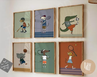 May include: Six framed art prints featuring cartoon animals playing sports. The prints include a hockey-playing cheetah, a tennis-playing dog, a soccer-playing alligator, a basketball-playing elephant, a tennis-playing dog, and a tennis-playing cheetah.
