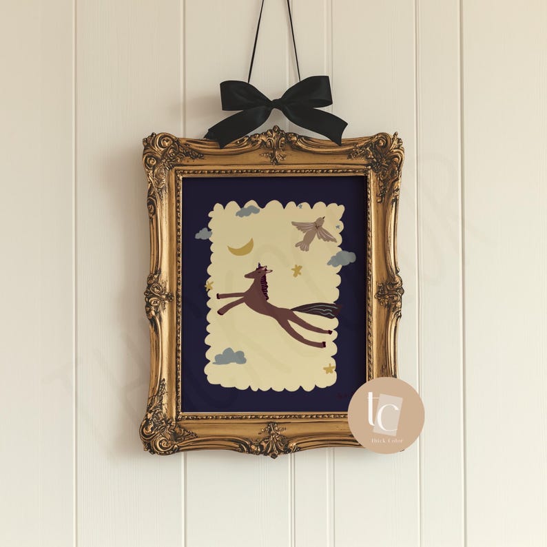Whimsical horse hand-drawn nursery wall art, retro kids print, funny wall art nursery decor image 6