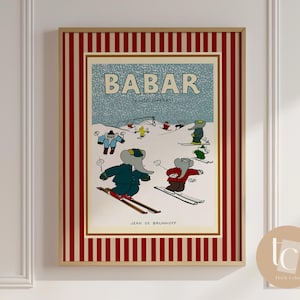 Babar der Elefant Ski im Schnee Kinderzimmer Wand Kunst retro Kinder Dekor Zitat Wand Kunst Genre neutral Baby Wand Kunst Illustration Kinderzimmer Print