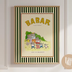 Babar con su familia, día de picnic, arte de pared para guardería, decoración infantil retro, arte de pared con cita, género neutro, arte de pared para bebé, ilustración, impresión para guardería
