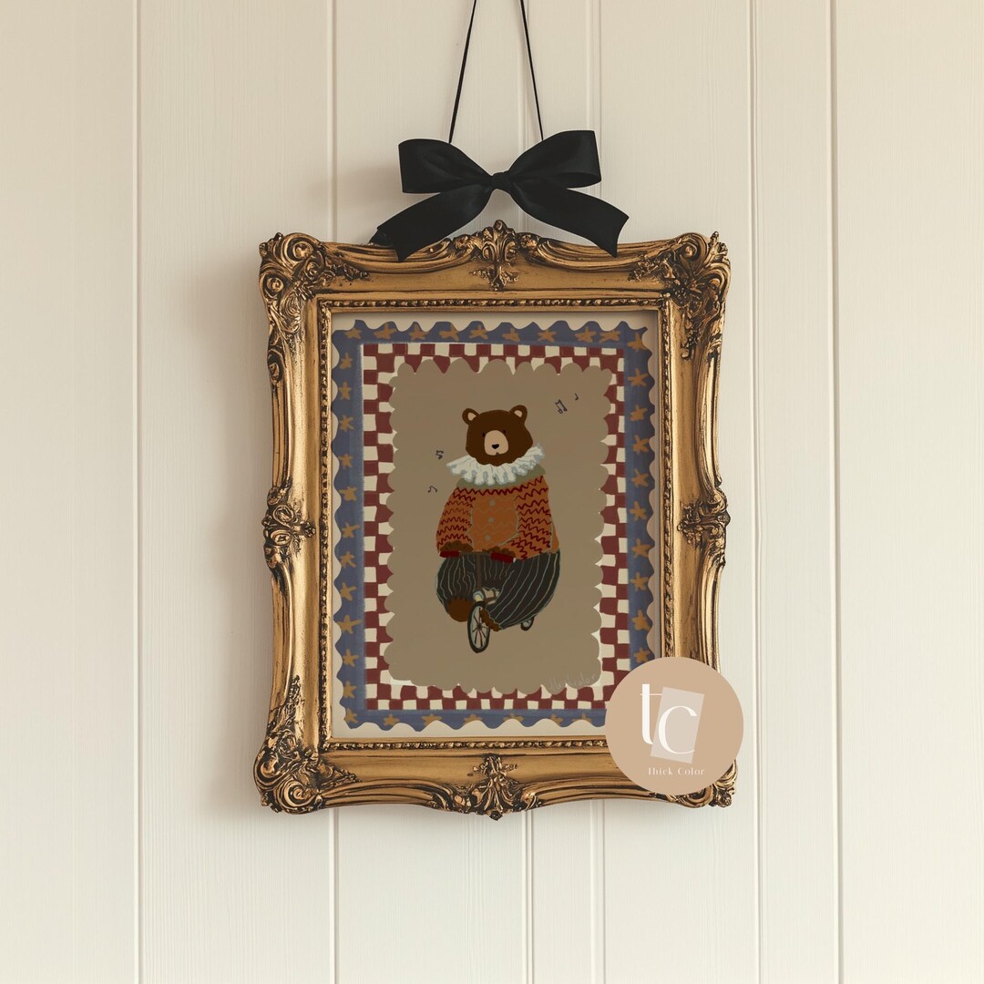 Circus Bear Hand-drawn Nursery Art, Whimsical Kids Room Decor, Retro ...