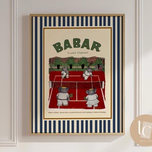 Babar der Elefant spielt Tennis Wand Kunst retro Kinder Dekor Zitat Wand Kunst Genre neutral Baby Wand Kunst Illustration Kinderzimmer Druck