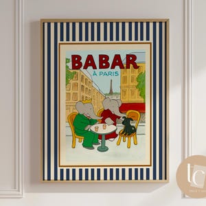Babar el elefante en el café de París, arte de pared retro, decoración infantil, arte de pared con cita, género neutro, arte de pared para bebé, ilustración, impresión para guardería, rayas rojas