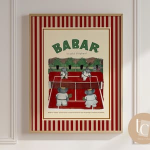 Babar der Elefant spielt Tennis Wand Kunst retro Kinder Dekor Zitat Wand Kunst Genre neutral Baby Wand Kunst Illustration Kinderzimmer Druck