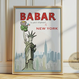 Babar the elephant hot air balloon  nursery wall art retro kids decor quote wall art genre neutral baby wall art illustration nursery print