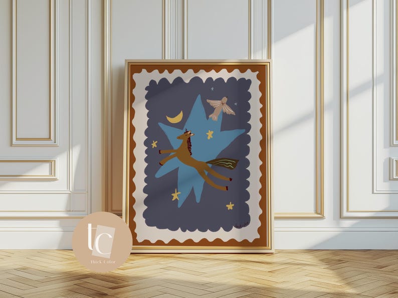 May include: A framed art print featuring a whimsical illustration. A brown horse flies through a blue star-shaped background with a crescent moon and stars. A white dove flies above the horse. The frame is brown with a cream-colored border.