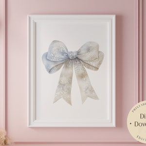 Blue lace Watercolor Nursery Vintage Bow Print, blue Bow Ribbon Wall Art, Nursery Prints Girl Baby decor Digital download