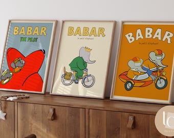 Babar Elephant Prints, Retro Nursery Wall Art
