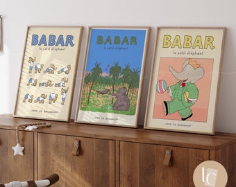 Babar the elephant nursery wall art nursery decor kids gift retro wall art illustration print gender neutral baby gift nursery decor