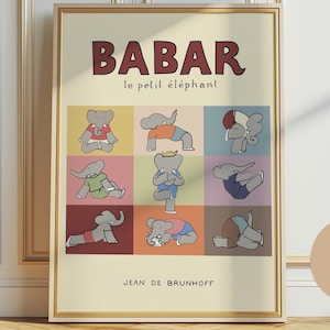 Babar el elefante hace yoga, arte de pared para guardería, decoración retro para niños, arte de pared con cita, género neutro, arte de pared para bebé, ilustración, impresión para guardería