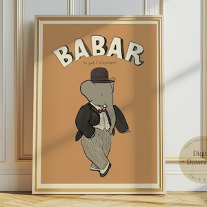 Babar the elephant hot air balloon  nursery wall art retro kids decor quote wall art genre neutral baby wall art illustration nursery print