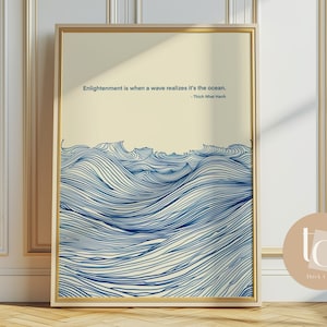 Stampa di onde dell'oceano con linea blu spessa nhat hanh, citazione edificante, arte murale stampabile, poster di onde, download digitale, onde del mare, arte dell'oceano