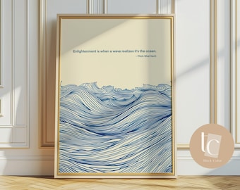 Thick nhat hanh blue line ocean waves print, uplifting quote wall art printable waves poster digital download sea waves ocean art