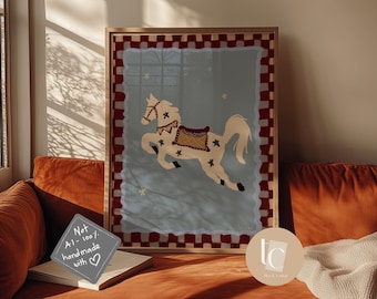 Whimsical horse hand-drawn nursery wall art, retro kids print, funny wall art nursery decor