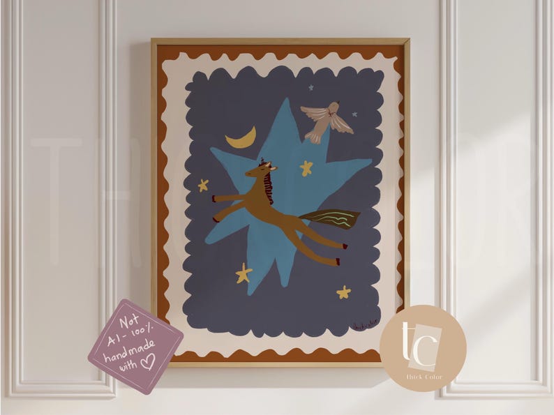 May include: A framed art print featuring a whimsical illustration. A brown horse with a horn flies across a blue star against a dark blue background. A bird, moon, and stars complete the design. The artwork is framed in a light brown border.