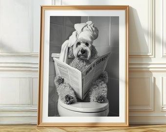 Dog sitting on toilet reading newspaper funny bathroom decor black and white wall art printable digital download