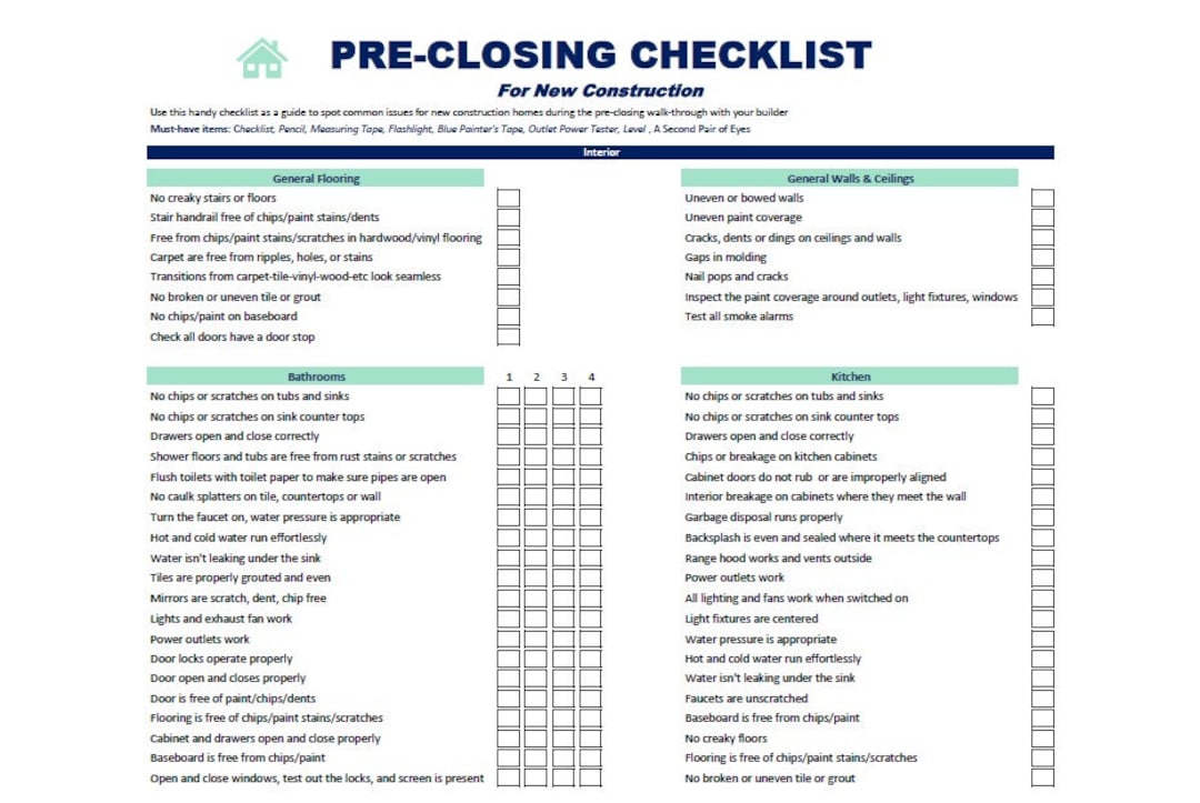 New Home Walk Through Checklist Etsy