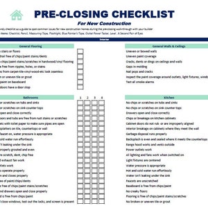 May include: A checklist for new construction homes with a green and white color scheme. The checklist includes items to inspect in the general flooring, general walls and ceilings, bathrooms, and kitchen. The checklist is divided into four sections, each with a list of items to inspect. The checklist is designed to help homeowners ensure that their new home is built to their standards.
