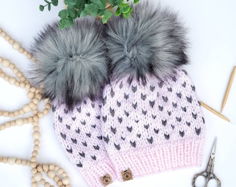 Fair isle hat // knit heart beanie// chunky knit hat //heart hat// hats for women//hats for kids