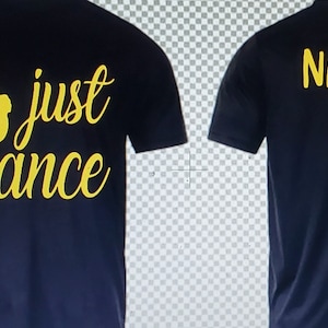 May include: Black t-shirt with a yellow silhouette of a dancer and the text "just dance" on the front. The back of the shirt has the word "NAME" in yellow.