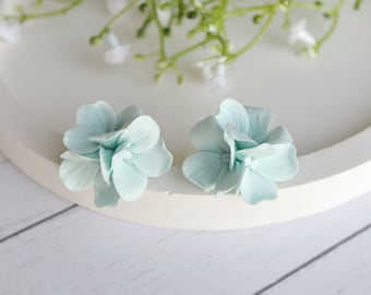 Blue Hydrangea Real Flower Botanical Stud Earrings 