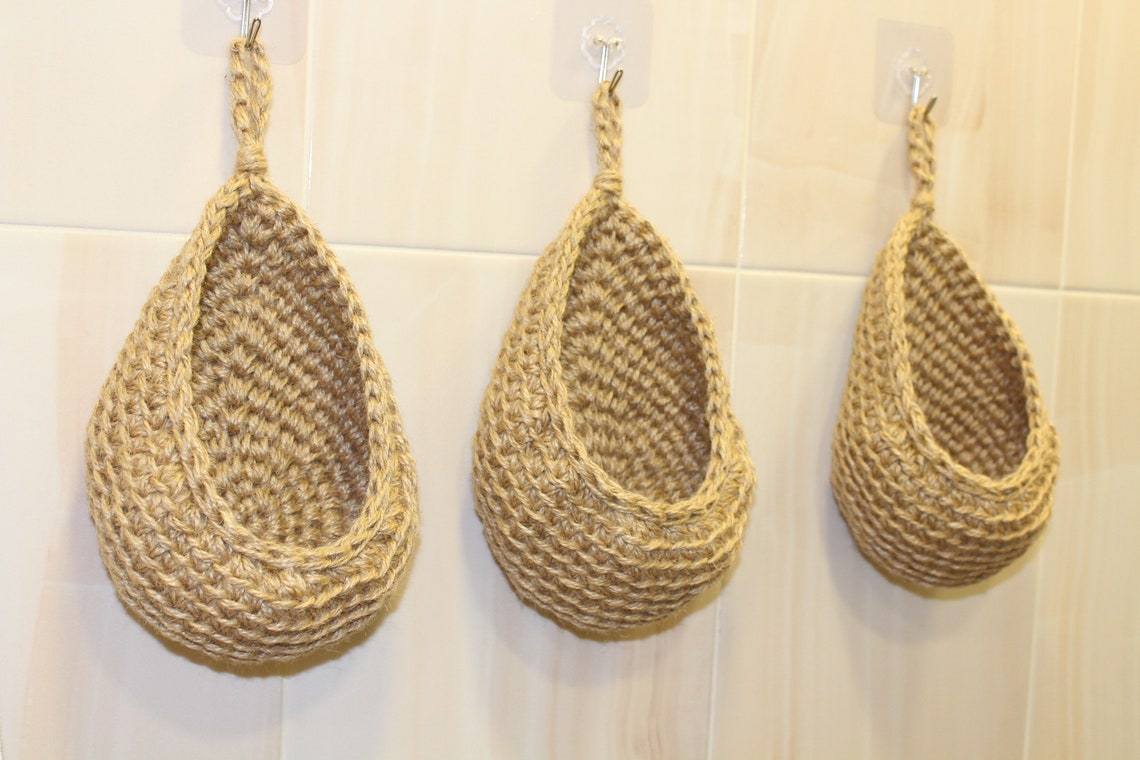 Hanging Wall baskets Crocheted Jute Teardrop Baskets Kitchen Etsy