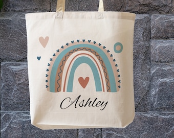 Personalisierte Regenbogen Tragetasche | Süße Einkaufstasche mit Name | Kinder Party Tasche | Wiederverwendbare Geschenkverpackung aus Stoff | Ästhetische Stofftasche
